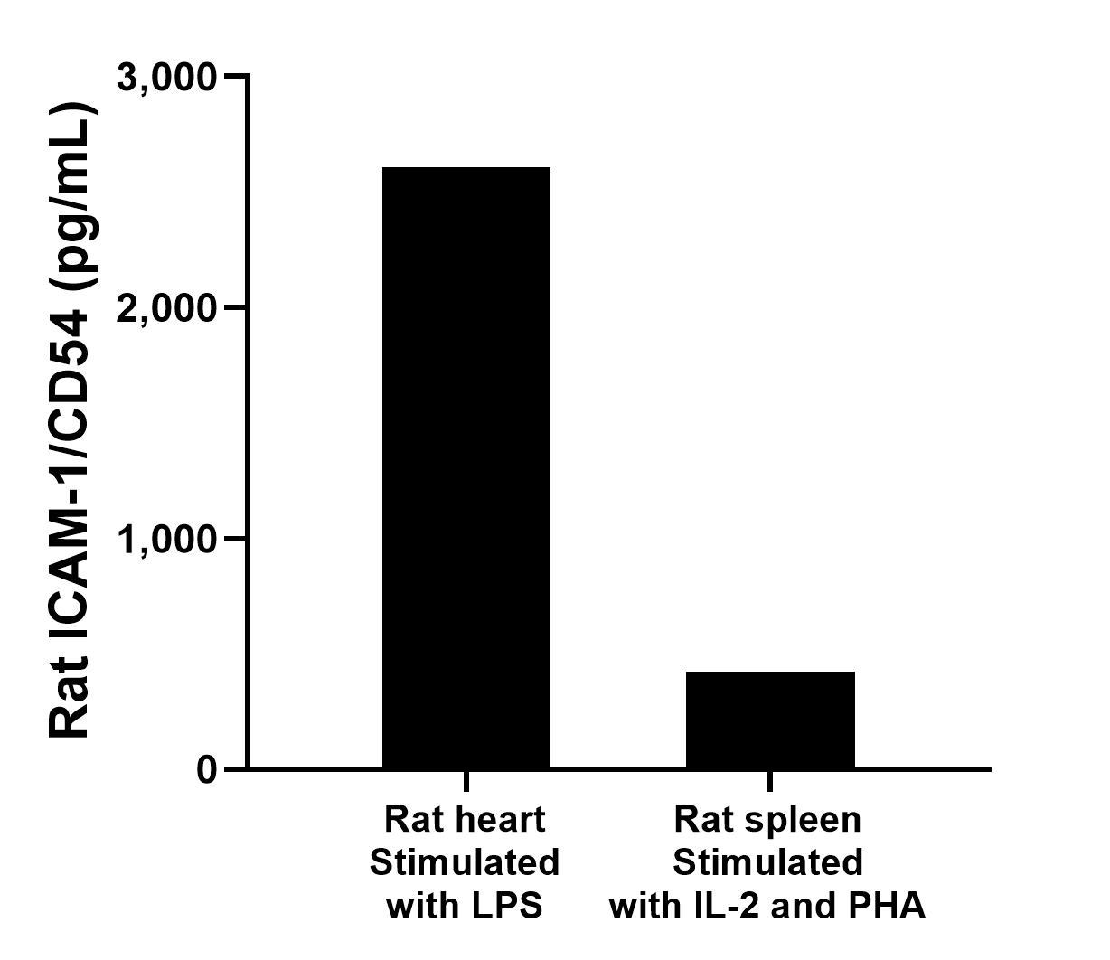 Rat heart conditioned media (1 heart, 1-2 mm pieces) was cultured for 4 days in 30 mL of RPMI supplemented with 10% fetal bovine serum and stimulated with 2.5 ng/mL LPS. The mean ICAM-1/CD54 concentration was determined to be 2,606.5 pg/mL in stimulated heart supernatant.<Br>
Spleens from rats were removed, rinsed in PBS, and kept on ice. The tissue was homogenized using a tissue homogenizer and seeded into media containing DMEM supplemented with 10% fetal bovine serum, 2 mM L-glutamine, 100 U/mL penicillin, 100 μg/mL of streptomycin sulfate, and 50 ng/mL gentamicin solution. Cells were culture stimulated with 50 ng/mL of recombinant rat IL-2 and 50 ng/ml PHA for 3 days. The mean ICAM-1/CD54 concentration was determined to be 423.9 pg/mL in stimulated spleen supernatant.